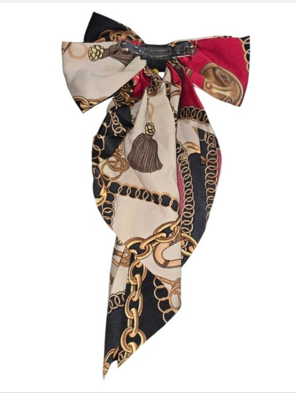 Chain-Print Bow Hair Scarf - Black, Red, Cream - Picture 3 of 3